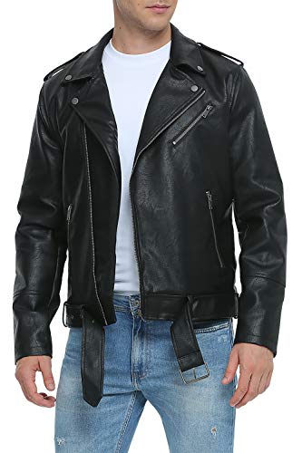 Fahsyee Kunstlederjacke Herren, Motorrad-Revers Asymmetrisch Reißverschluss Blet Slim Fit Biker Bomberjacke Coat - Schwarz - XL