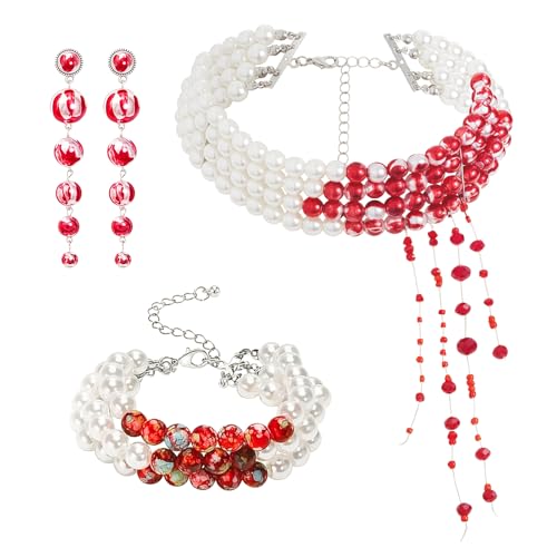 MorLuks Tropfende Blut Imitationsperlen Schmuck Set, 3 Stück Halloween Deko Halskette Armband Ohrringe, Perlen Gothic Schmuck mit Blut, Halloween Kostüm Accessoires für Vampir Party Damen