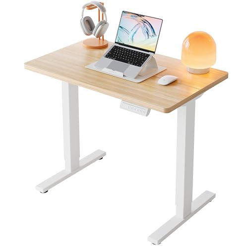 HUANUO Höhenverstellbarer Schreibtisch 80 x 48 cm, 4 Speicherhöheneinstellungen, Elektrischer Schreibtisch für Home Office & Computer-Arbeitsplatz, Standing Desk, Licht Wulnut