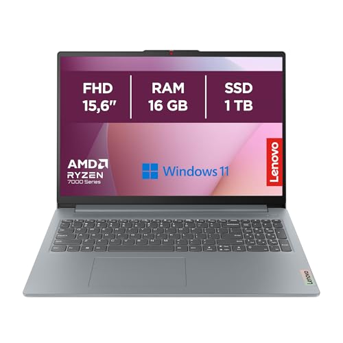 Lenovo IdeaPad Slim 3 Notebook 15,6 Zoll (39,6 cm) FHD (1920 x 1080), AMD Ryzen 7 7730U, 16 GB RAM, 1 TB SSD, integrierte Grafiken, Windows 11 Home, WiFi 6 - Arctic Grey, exklusiv von Amazon