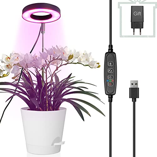 Pflanzenlampe LED, Vollspektrum Pflanzenlicht für Zimmerpflanzen, Höhenverstellbares LED- Pflanzenwachstumslampe mit Zeitschaltuhr 3/9/12 Std mit USB Adapter, 3 Lichter Modi und 10 Helligkeit