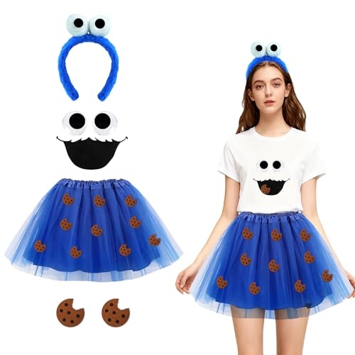 WVWMYM Krümelmonster Kostüm Damen, Faschingskostüme Damen, Cookie Monster Kostüm mit Haarreif Tutu Rock Augen Mund Aufkleber Keks Aufkleber, Karneval Kostüms Damens für Karneval Fasching