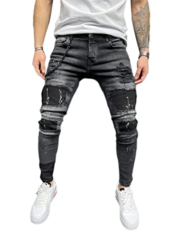 Osheoiso Herren Destroyed Jeans Biker Hose Herren Löcher Lang Jeans Denim Hose Vintage Männer Zerrissen Jeanshose Skinny Jeanshosen Bleistifthose Slim Fit A1 Schwarz L
