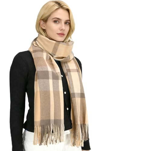 KOOOGEAR Damen Schal Kariert Pashmina Stolen übergroßer Herbstschal Winterschal Karo Tartan Schultertuch Plaid Deckenschal Modeschal Weicher Warmer Oversized Fransen Poncho (Khakibeige)