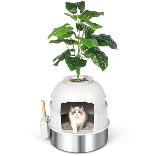 Bartuke Versteckte Katzentoilette mit künstlicher Pflanze, Edelstahl Katzenklo für große Katzen, inklusive Schaufel, Kieselsteinen, Geruchskontrolle, Anti-Klebe-Funktion, leicht zu reinigen (Beige)
