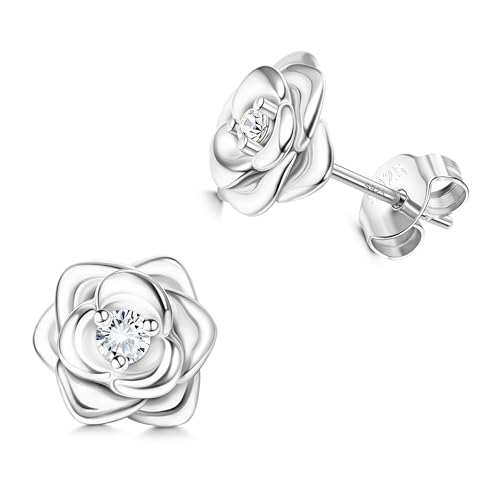 JeweBella Klein Rosen Ohrstecker Silber 925 Ohrringe für Damen Mädchen Hypoallergen Kleine Rose Blumen Ohrstecker mit 5A+Zirkonia Helix Knorpel Ohrringe Silber/Gold/Rose Gold/Schwarz Geschenke