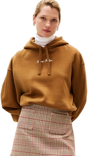 Tommy Hilfiger Damen Hoodie Classic Script Fleece mit Kapuze, Braun (Highland Khaki), M