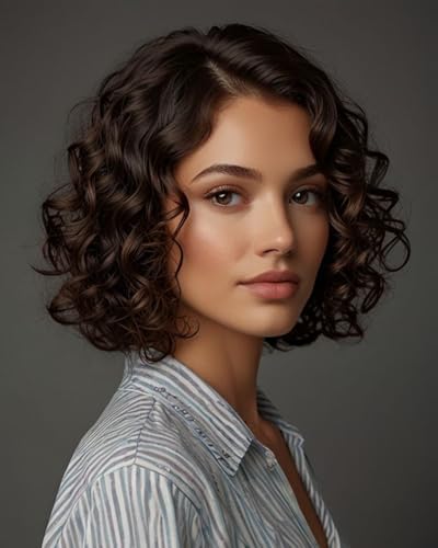 FASHION IDOL Kurze lockige Echthaar-Bob-Perücken für Frauen tragen und gehen Deep Wave Lace Front Perücke C-Teil 12“ Perücke Pre gerupft mit Babyhaar Braun 180% Dichte