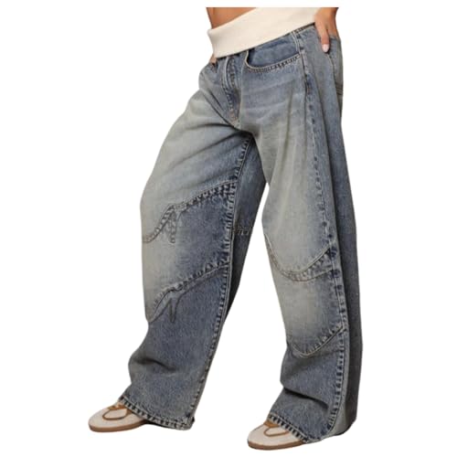 ORANDESIGNE Baggy Jeans Damen Denim-Hose Mittel-Niedrige Taille Weites Bein Y2K Jeans Hip Hop Streetwear N Blau S