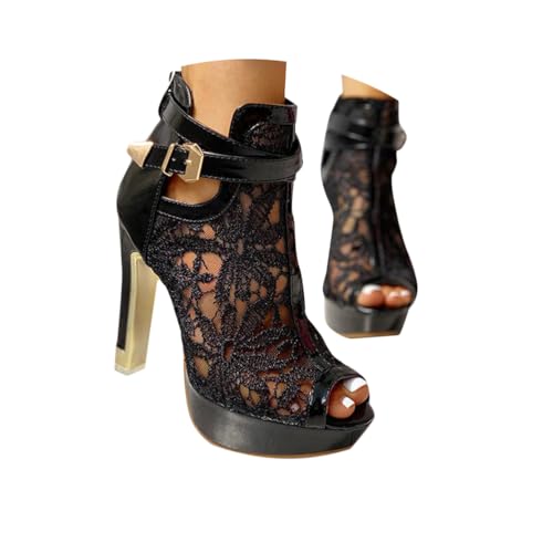 Minetom Sandalen Damen Pumps Schuhe Lace Hohl Blockabsatz High Heels Open Toe Sandalen Abend Party Braut Sommerschuhe A Schwarz 38 EU