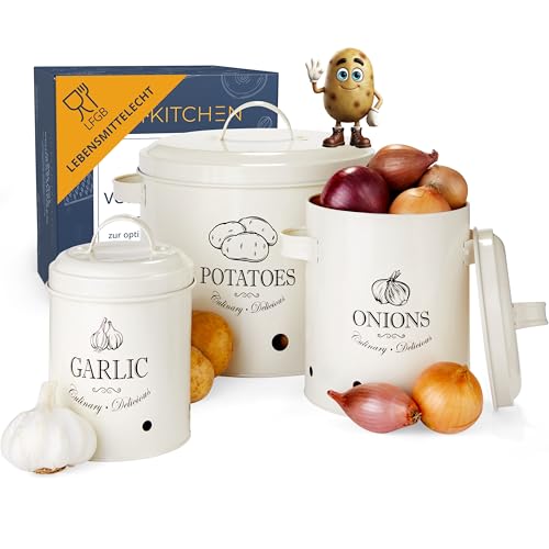 HIKITCHEN® Vorratsbehälter-Set für länger frisches Gemüse (creme weiß) - Stilvolle Kartoffel-, Knoblauch- und Zwiebel-box/topf - Gemüsebehälter
