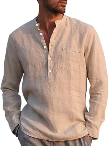 Runcati Herren Leinenhemd Langarm Baumwolle Leinen Shirt Männer Freizeithemd Regular Fit Strand Sommerhemd Beige L