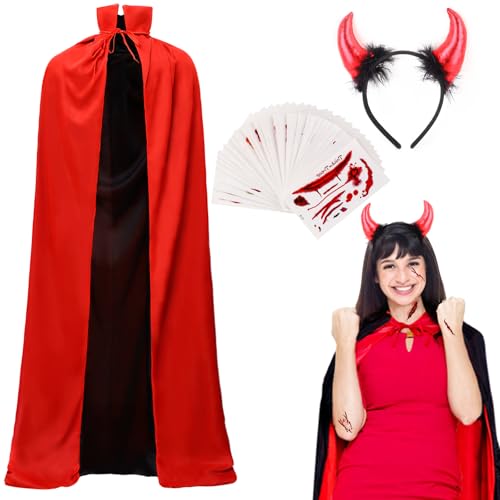 ROSAUI Halloween Umhang Set für Damen, Halloween Teufel kostüm herren mit Hörner Haarreif und Narbe Tattoo Aufkleber, Schwarzer und Roter Umhang für Halloween Party 90cm