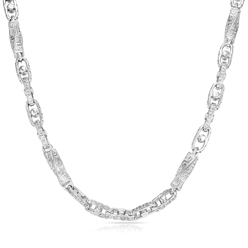 TAIPAN - Halskette für Herren Santorinikette aus Edelstahl 6,4 mm breit 60 cm lang - Massive Gliederkette mit Greca Mäander-Muster - Glänzende Statement Kette für Männer inkl. Schmuckbox & Putztuch