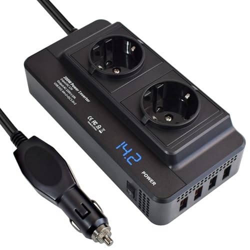 Weishuo Auto Wechselrichter 12V auf 220V 230V 200W Spannungswandler Kfz Zigarettenanzünder Steckeradapter Modifizierte Wellen Stromwandler mit 2 Steckdosen, 4 USB-Anschlüssen 4.8A und LCD-Display