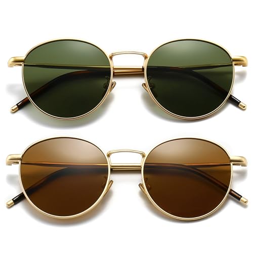 SUNGAIT Runde Vintage Sonnenbrille Klassische Retro Metallrahmen Sonnenbrille Rundschreiben (Gold Rahmen/Polarisierte Grüne Linse & Gold Rahmen/Polarisierte Braune Linse)