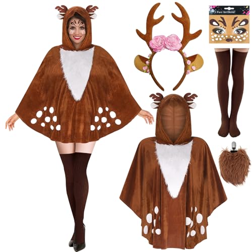 Reh Kostüm Damen mit Geweih Haarreif Tattoo Socken Rentier Kostüm Erwachsene Damen Bambi Faschingskostüme Frauen Reh Poncho Umhang Rehkitz Hirsch Karnevalskostüme für Frauen Verkleidung Mottoparty