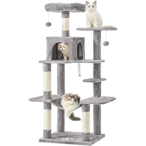MSmask Kratzbaum groß, L Katzenbaum Stabil, Katzenkratzbaum mit Plattformen, Katzenhöhlen, Hängematte, Sisalsäulen, mehrstöckiger Kletterbaum für Katzen (Hellgrau)