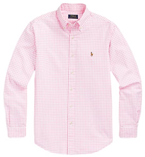 POLO RALPH LAUREN Klassisches Oxford-Hemd für Herren, langärmelig, (Frühling/Sommer 2023) Kariert Rosa/Weiß, L