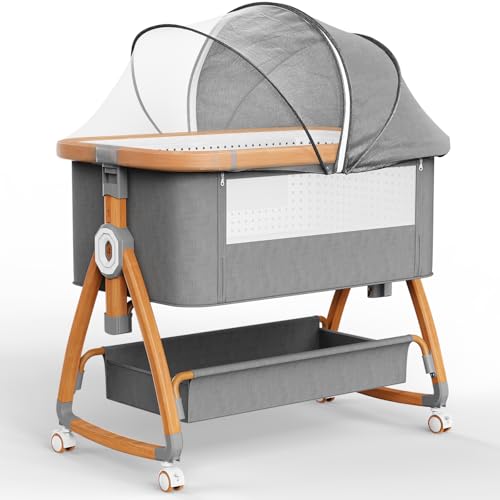 NIKYJM Beistellbett Baby,3 in 1 Reisebett Babybett 6 Fach Einstellbare Höhen mit Matratze und Räder Bremse Beistellbett für 0-6 Monate Hause und Reisen