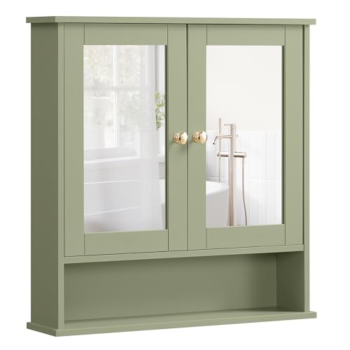VASAGLE Spiegelschrank, Badschrank, Wandschrank, Hängeschrank mit 2 Spiegeltüren und offenem Fach, verstellbare Ablage, Wandmontage, 13 x 56,5 x 58,5 cm, salbeigrün LHC002C02