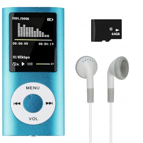 64GB MP3 Player Bluetooth mit Lautsprecher,Digitaler 1,8-Zoll-LCD-Bildschirm, Tragbarer HiFi-Musikplayer mit Verlustfreiem Sound und Lautsprecher,Earphone Included,(Blau)