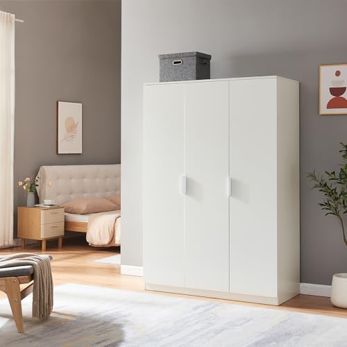 [en.casa] Kleiderschrank Eiselfing Schrank mit 3 Türen Garderobenschrank 176 x 120 x 52 cm Schlafzimmerschrank 1 Kleiderstange 4 Fächer Weiß