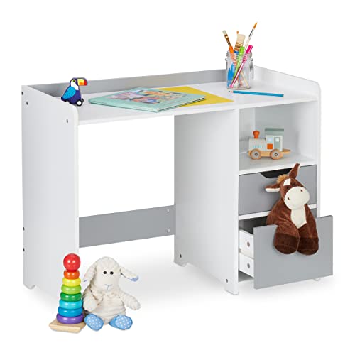 Relaxdays Schreibtisch Kinder, HBT 60 x 80 x 38 cm, 2 Schubladen, offenes Fach, Tischrand, Kinderschreibtisch, weiß/grau