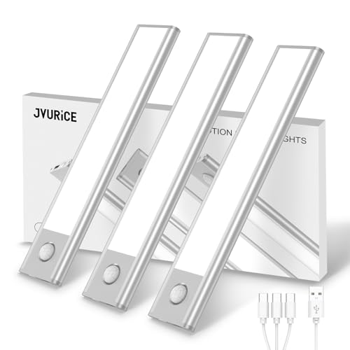 JVURICE Schranklicht mit Bewegungsmelder, LED Schrankbeleuchtung,20cm Ultradünnes Aluminium 6500K & Dimmbar, 1500mAh USB Akku Beleuchtung, Magnetlampe Kabellos für Flur Küche Treppe (3er Pack)