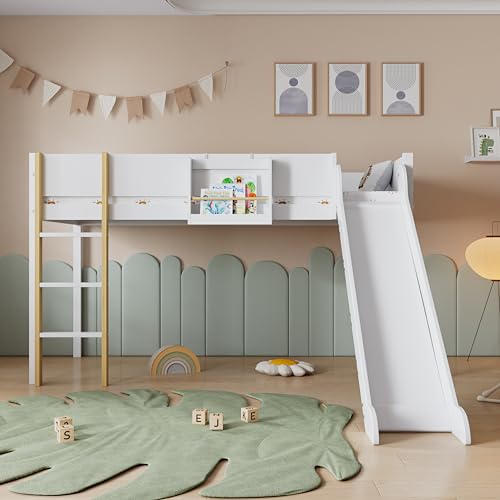 NovaFurnish Hochbett, Etagenbett mit dreistufiger gerader Leiter, Kinderbett, Jugendbett mit Rutsche, mit abnehmbarem Regal, Kiefer+MDF, Weiß+Natur, 90x200cm