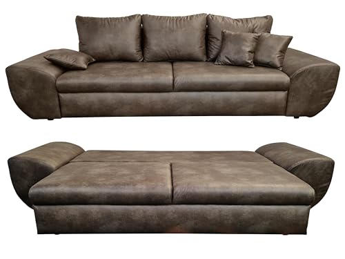 Vintage Big Sofa mit Schlaffunktion und Bettkasten, B275/T98/H90 cm, XXL Trend Couch 275 cm breit, Wellenunterfederung, Liegefläche 148x194 cm, Mikrofaserstoff in Leder-Optik in Braun / 18008