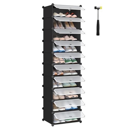 SONGMICS Schuhregal mit 10 Ebenen, Steckregal, Regalsystem, Schuh-Organizer, DIY-Regal, mit Tür, aus PP-Kunststoff, schwarz LPC10HV1