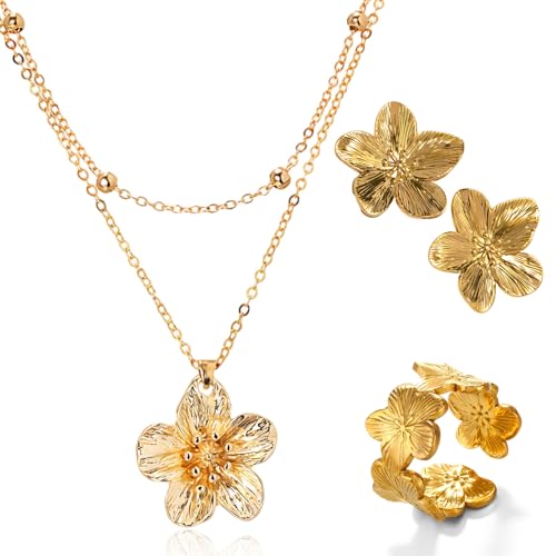 AHEJIOO 3er-Set Schmuck, Goldene Ohrringe Damen, Blumen Ohrringe Goldene, Gold Schmuck, Ring Gold, Vintage Goldschmuck Set Mit Blumen Halskette Und Ring, Ideal Für Hochzeiten Und Besondere Anlässe