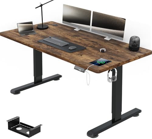 Airfish Höhenverstellbarer Schreibtisch 140x70 cm, Elektrisch Schreibtisch mit Kabelwanne, Computertisch mit USB-Buchse, Bürotisch, Stehpult mit Erinnerung an sitzende Tätigkeiten, Vintage-Braun