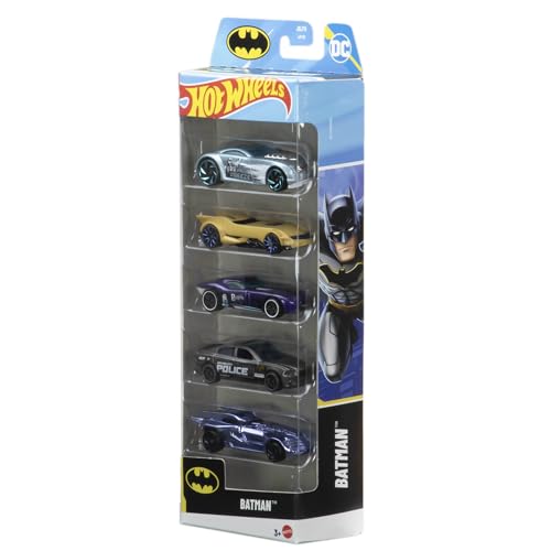 Hot Wheels Batman Spielzeugautos im 5er-Pack, Set aus 5 Die-Cast-Fahrzeugen im Maßstab 1:64 im Batman-Design, einschließlich des Batmobiles, JDR18