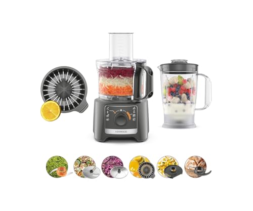 Kenwood MultiPro Compact FDP31.360GY, Multifunktions-Küchenmaschine mit Klinge zum Mixen, Kneten und Schneiden, Zitruspresse, Mixer 1,2 l, 2 Geschwindigkeiten + Pulse, Schüssel 2,1 l, 800 W, Grau