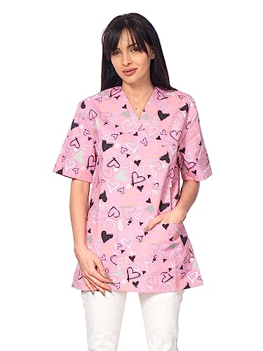 DINOZAVR Bruna Kasacks Damen Pflege V-Ausschnitt Kurzarm - Kasack Damen Bunter Druck mit 2 Unteren und 1 Oberen Tasche - Kasaks Altenpflege rosa/Herzen XL