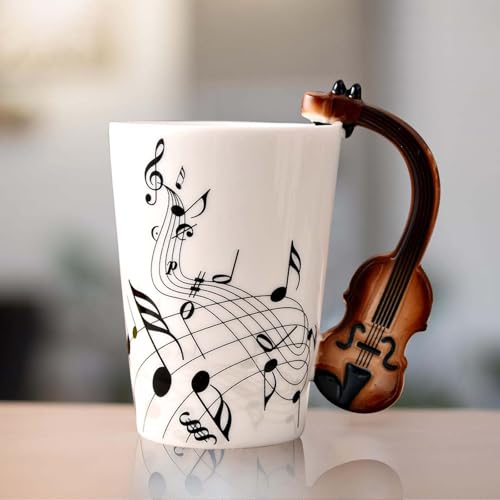 Keramik Kaffeetasse mit Geige Henkel, Musik Note Bedruckt Teetasse Geschenk Tasse Keramiktasse Kaffeebecher Für Musiklieber Musik Geschenk (250ml)
