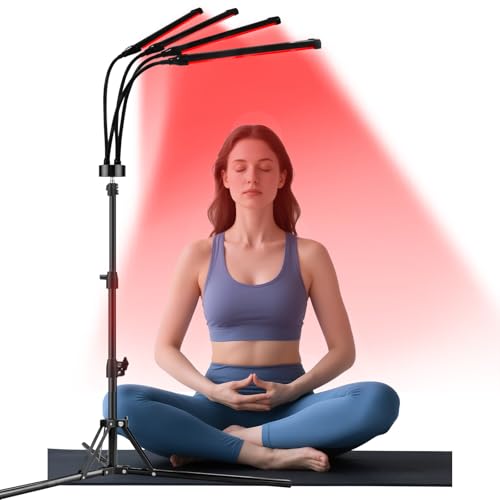 Trayvespace Rotlichtlampe, 415NM & 660NM & 850NM Infrarotlampe mit Stand, 3 Timer, 4 Köpfe Rotlichtlampe