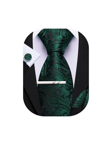 Barry.Wang Paisley-Krawatte mit Krawattenklammer für Herren, Seidenkrawatte, Einstecktuch, Manschettenknöpfe, Set, formelle Hochzeit, Party, Business, dunkelgrün, Einheitsgröße