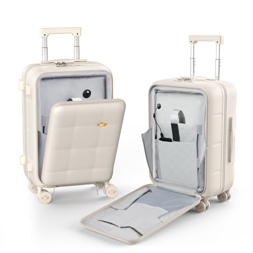 MGOB Handgepäckkoffer mit Laptopfach, 20-Zoll-Hartschalenkoffer, internes Nass-/Trocken-Trennfach, Kabinengepäck mit 8 Spinner TSA-zugelassenem Schloss und USB & Typ-C-Anschlüssen- Beige
