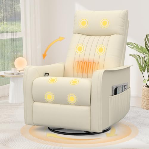 Srfzluxy Fernsehsessel Massagesessel mit Liegefunktion, Relaxsessel mit Wärme und Massage, 360°Drehbarer TV Sessel Wohnzimmer, Schaukelstuhl mit Gepolsterte Kopfstütze, 2 Seitentaschen