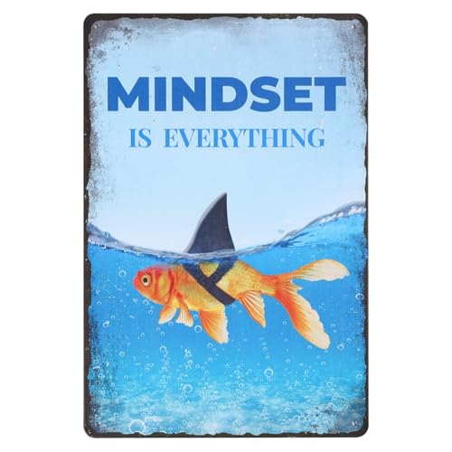 GLOBLELAND Goldfisch-Hai-Vintage-Metall-Blechschild Kunstplakette Poster Retro „Mindset Is Everything“ Metallwand-Dekorative Blechschilder 12x8inch Für Zuhause Küche Bar Café Club Sommer Dekoration