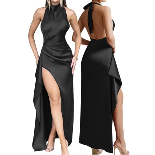 AOWVUTS Abendkleid Damen Lange Sexy Satin Neckholder Maxikleider mit Schlitz Elegant Rückenfrei Rüschen Ballkleider für Hochzeit Wickelkleid Partykleid Cocktailkleider Formal Prom Brautjungfernkleider
