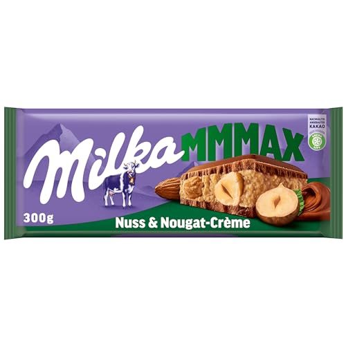 Milka Mmmax Nuss-Nougat-Crème – Alpenmilch-Schokolade gefüllt mit zarter Nuss-Nougat-Crème und ganzen Haselnüssen – 300g