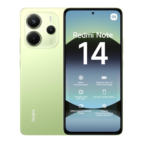 Xiaomi Redmi Note 14 Smartphone, 8 + 256GB, Green, 108MP AI-Kamerasystem, 5500mAh Akku, 120Hz Augenschutzdisplay, AI-Funktionen (kein Ladegerät enthalten)