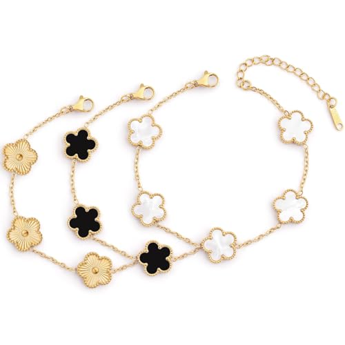 Kleeblatt Armband 18K Vergoldet Vierblättriges Kleeblatt Frauen Adventskalender Füllung Glücksarmband Damen Wasserfest Gold Schmuck Jewelry Geschenke Geburtstags Weihnachten (Schwarz + Weiß + Gold)