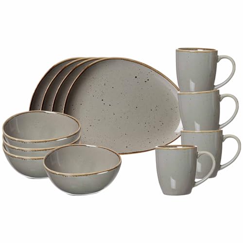 Ritzenhoff & Breker Taste Frühstücks-Set 12-teilig | Teller, Schalen & Becher mit unregelmäßigen Farbkanten und Farbsprenkeln | Ovale Form | Porzellan, Spülmaschinengeeignet | Taupe