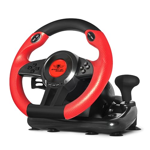 R-ACE Wheel Pro 1 – Lenkrad + Pedale – Für PC entwickelt/Drehwinkel 180° / Schalthebel/sequenzielle Schaltwippen / 8 programmierbare Tasten/Gas- und Bremspedale/Befestigungshalterung