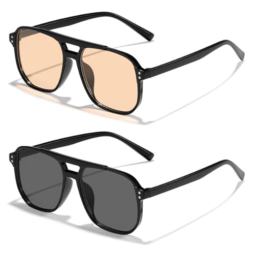 Retro Sonnenbrille,2 PCS Retro Square Sonnenbrille für Damen und Herren 70er Jahre Vintage Pilotenbrille mit UV375 Schutz Übergroß Design und Double Brücke für Reisen Reiten Fahren Oder